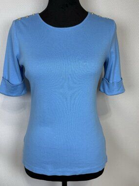 Lauren Ralph Lauren Sky Blue Casual Short Cuffed Sleeve Knit Top Petite Small